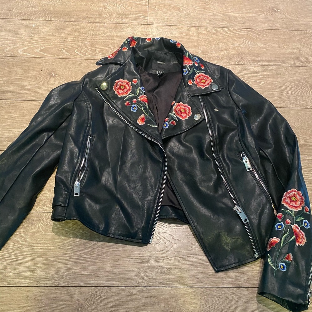 Flower embroidered leather jacket!